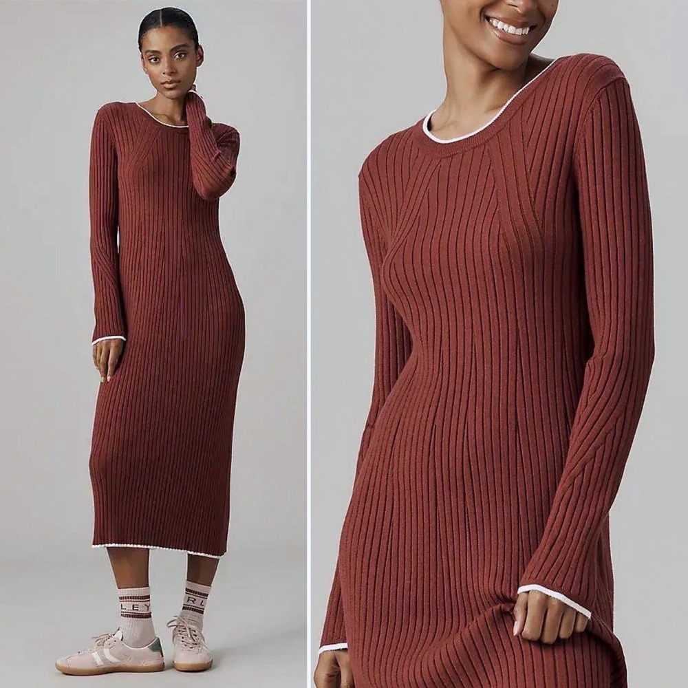 NWT Anthropologie Varley Long Sleeve Ribbed Knit Midi Dress Maroon Sz L $178